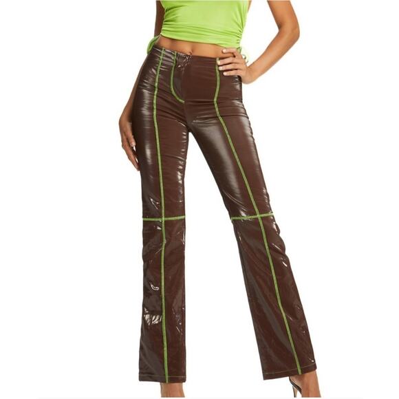 I.Am.Gia Callisto brown faux patent leather green seam wide leg pants L Festival - Picture 1 of 11